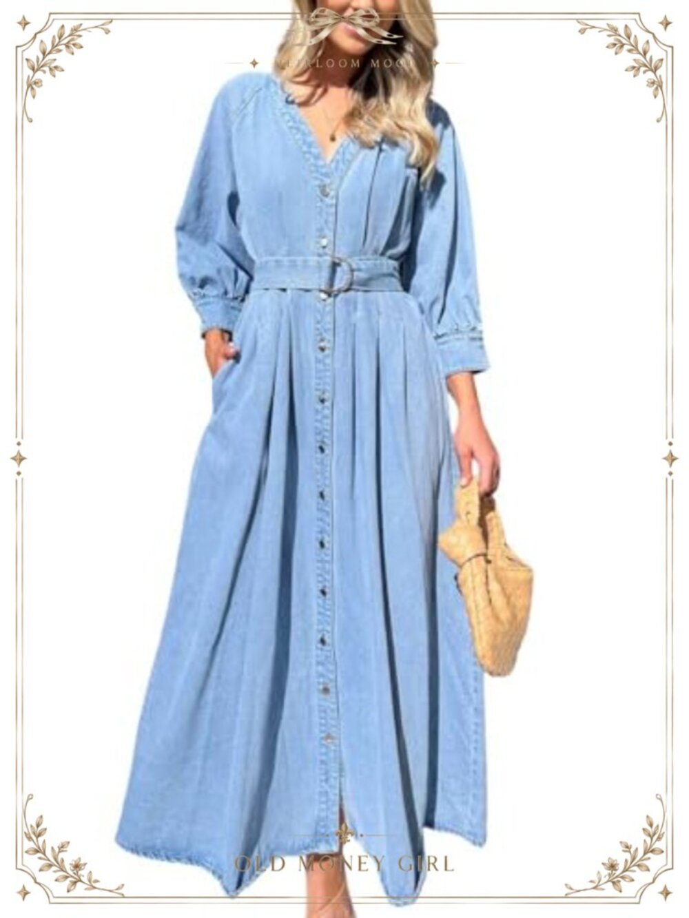Boho V-Neck Button Down Swing Maxi Denim Dress 3/4 Sleeve Casual Belted